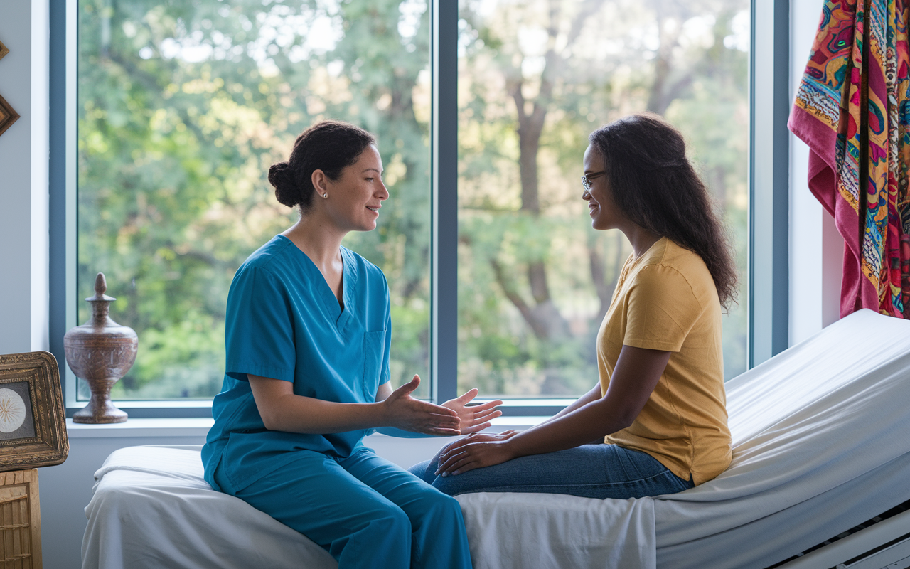 A heartfelt scene of an IMG and a patient from a different cultural background discussing a treatment plan in a bright hospital room. The IMG is demonstrating cultural competence through attentive listening and compassionate engagement. The room is decorated with diverse cultural artifacts, and a window shows a soothing view of nature outside, symbolizing a calm and caring environment.