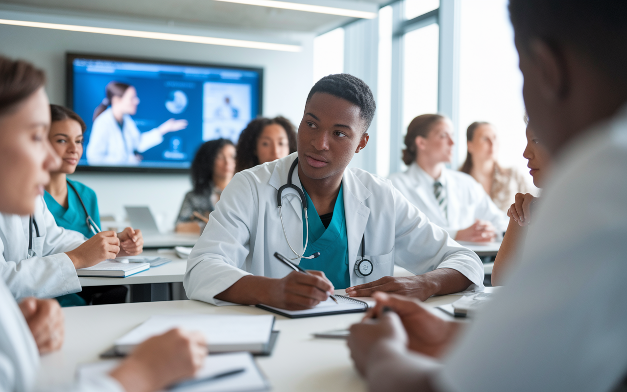 A focused medical student of color participating in an interactive workshop. The setting is a modern classroom with a large screen displaying a medical presentation. The student is engaged, taking notes, and participating actively in discussions. Other diverse students surround them, all contributing their thoughts. Bright, natural light fills the room, creating an inspiring learning environment that emphasizes collaboration and skill-building.