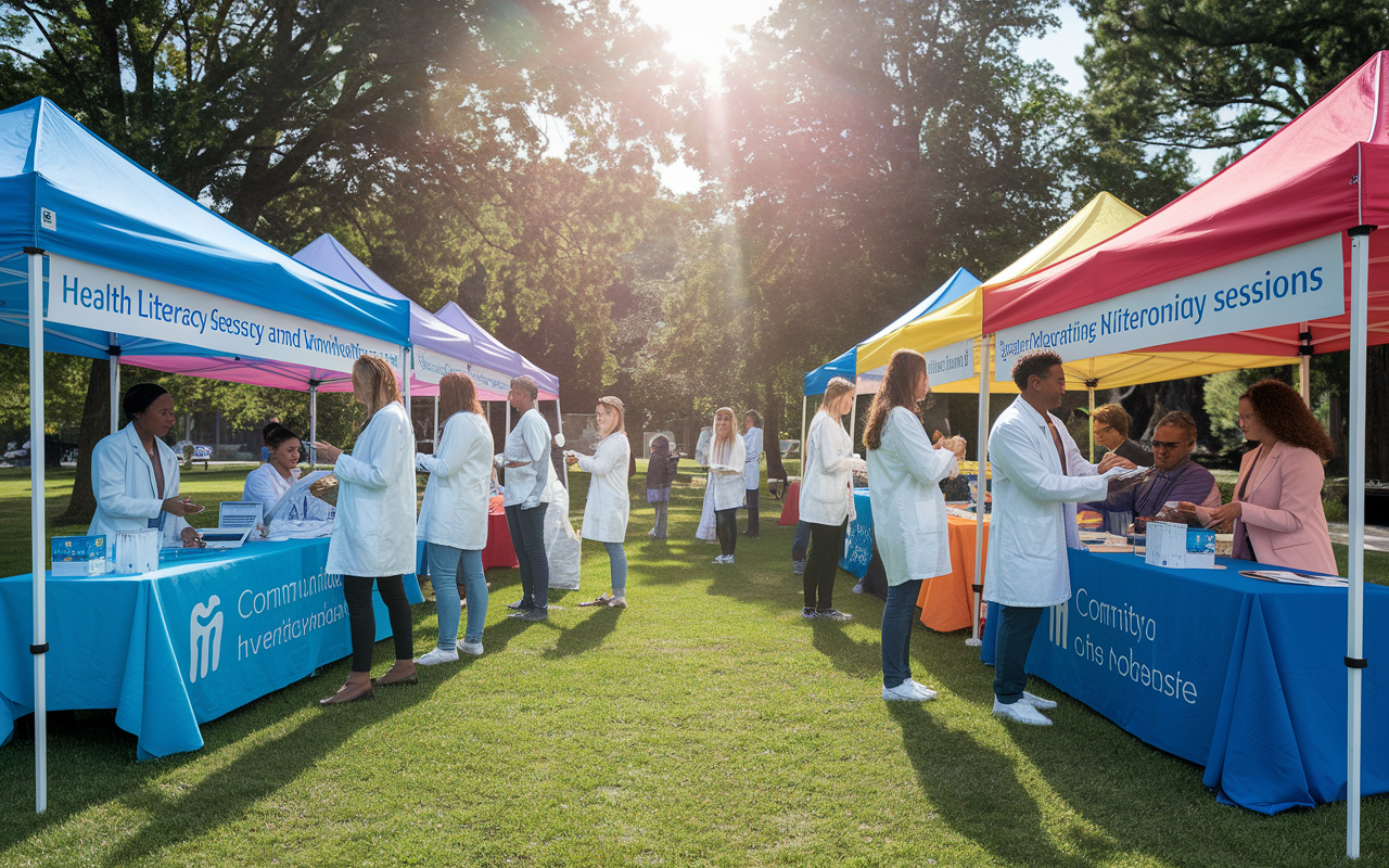 A dynamic health fair scene showcasing diverse medical students conducting health screenings and educational sessions in a community park. Colorful tents are set up with banners promoting health literacy and wellness. Students are interacting with community members, providing information and free screenings in a welcoming environment. The bright sun shines down, reflecting a spirit of community and service, surrounded by lush greenery.