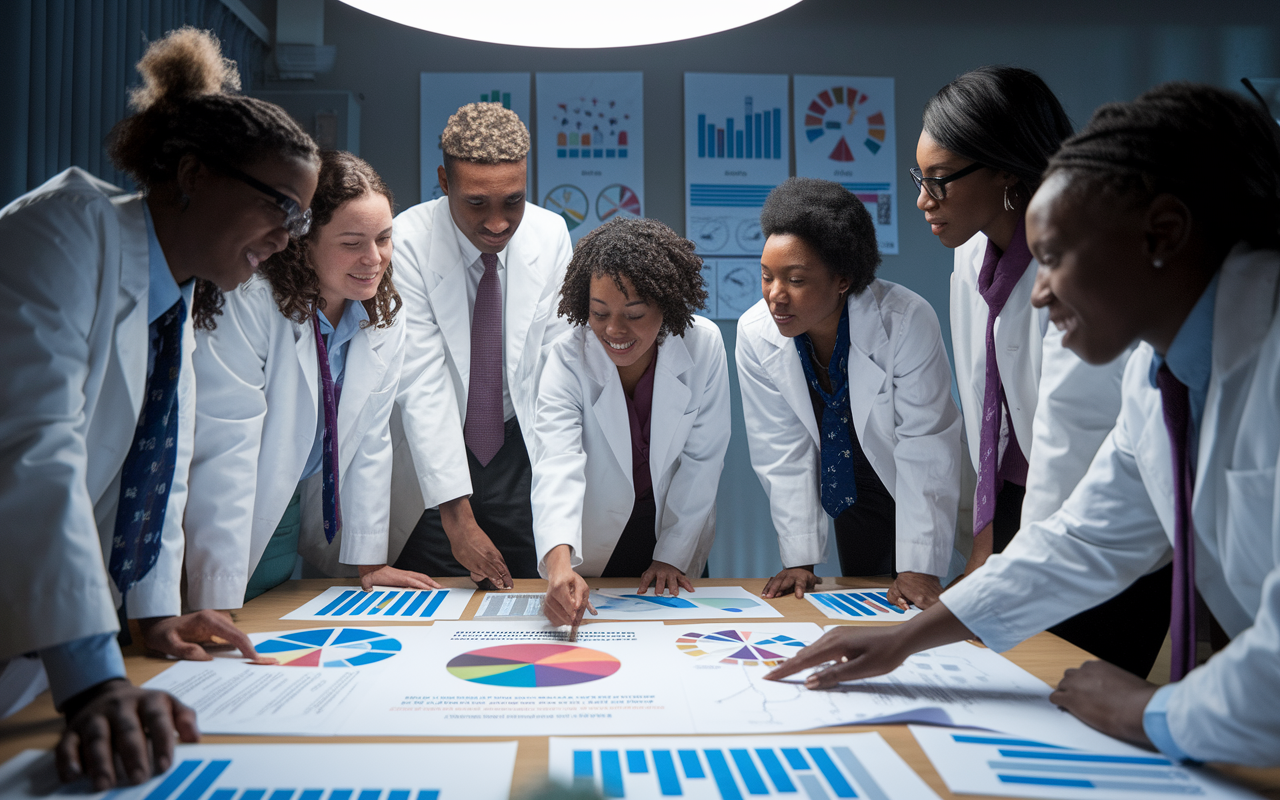 A group of diverse and enthusiastic medical students engaged in a passionate advocacy meeting. The room is filled with charts and posters promoting health equity. The students are brainstorming policy ideas, animatedly discussing while pointing at documents on a large table. Soft, focused overhead lights illuminate their work environment, conveying a sense of purpose and determination to bring about change.