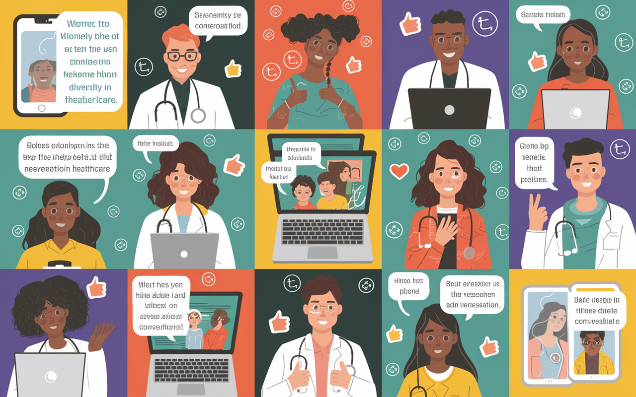 A collage of diverse medical students actively engaging on social media, posting about their experiences with SNMA. Laptops, smartphones, and tablets are in use as they share advocacy efforts, workshops, and health fair events. Bright colors highlight the excitement of online interaction, with thumbs up and likes on the screens, showcasing their active participation in the conversation about diversity in healthcare.