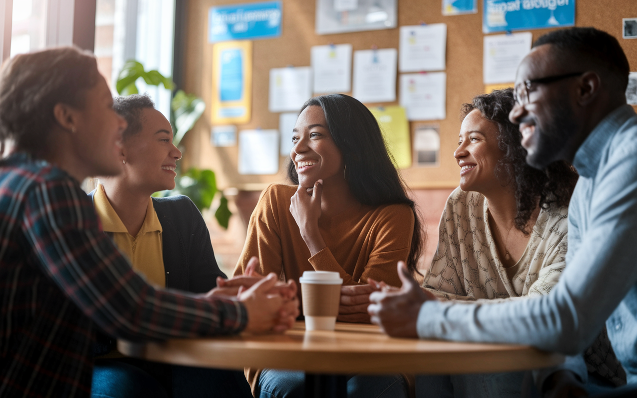 A diverse group of IMGs gathered in a cozy cafe, sharing their experiences and providing emotional support to each other. The setting reflects a warm and welcoming atmosphere, with a coffee cup in the foreground and soft, warm lighting enhancing their expressions of determination and camaraderie. The background shows a bulletin board filled with job listings and local resources tailored for IMGs. The scene evokes a sense of community and resilience through shared experiences.