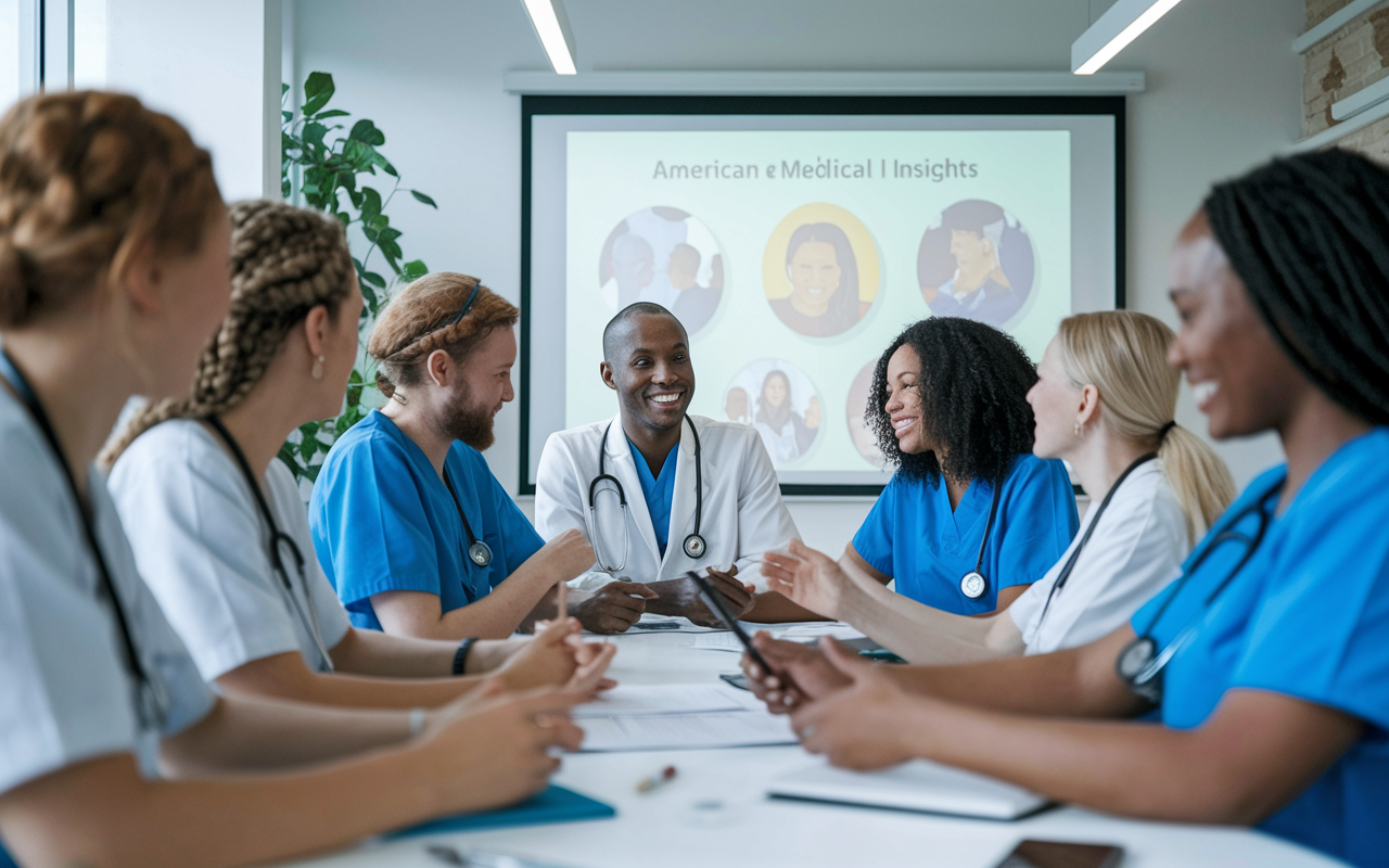 An IMG participating in a cross-cultural training session, interacting with a diverse group of peers. Everyone is engaged in discussions and activities that highlight American medical practices, with a projector screen in the background displaying key cultural insights. The scene is bright and inspiring, showcasing collaboration and a commitment to understanding diversity in healthcare. The atmosphere is filled with excitement and learning.