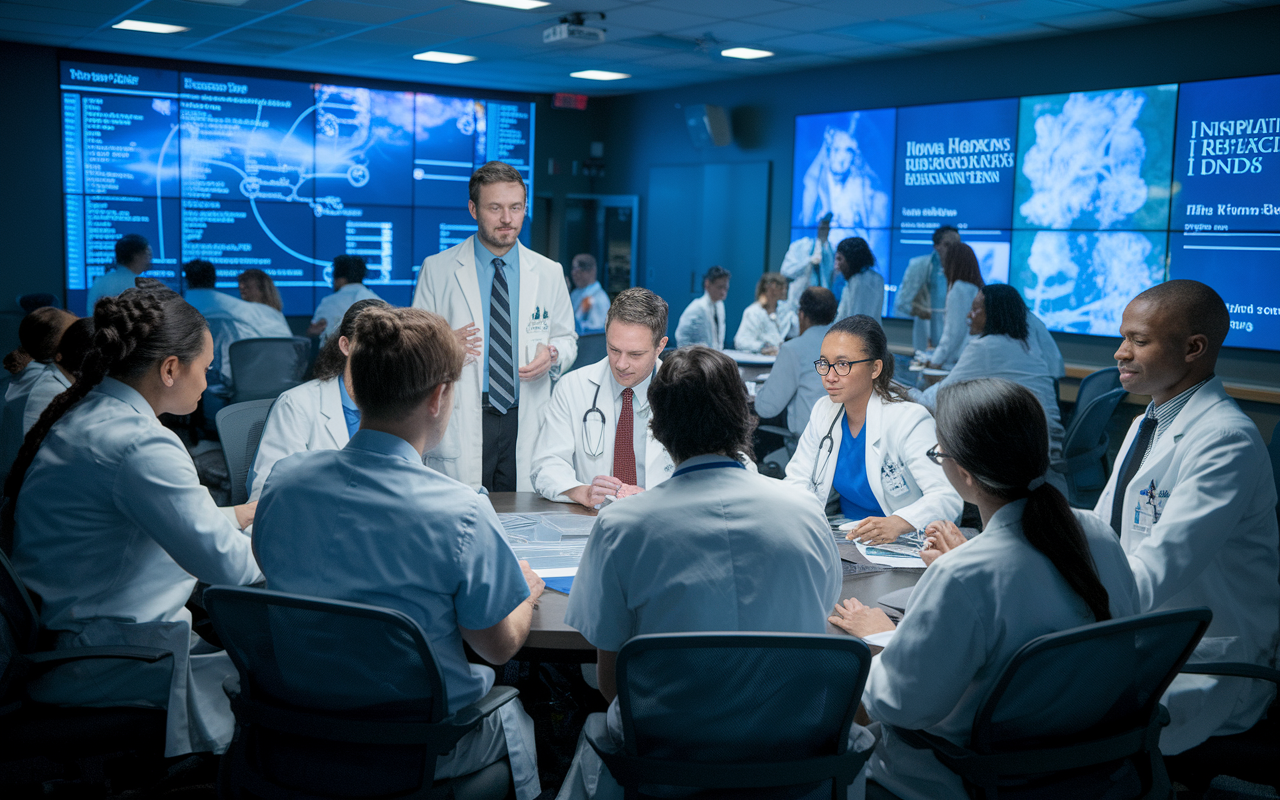 A dynamic scene at Johns Hopkins Hospital showcasing medical residents participating in an innovative research seminar. The room is filled with engaged participants, with a large screen displaying groundbreaking medical data. Residents from various backgrounds are exchanging ideas, and the lighting is focused on the presenters, creating an atmosphere of inspiration and collaboration.