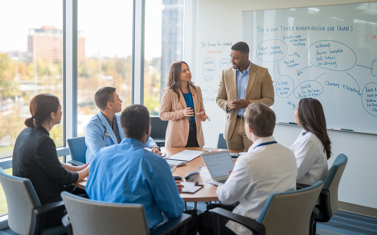 An engaging mentoring session at Cleveland Clinic where seasoned residents and faculty are providing guidance to IMGs in a comfortable meeting room. The room is filled with light from large windows, and a whiteboard is filled with brainstorming ideas. The environment feels welcoming and encourages open dialogue, depicting support and mentorship.