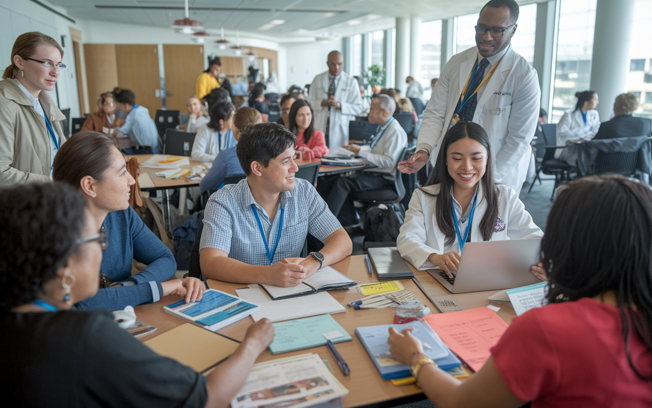 A lively workshop at USC's Keck School of Medicine designed specifically for IMGs. Residents are actively participating in discussions about navigating the U.S. healthcare system, with facilitators guiding them. The room is bright and filled with educational materials, creating an inviting atmosphere for learning and cultural integration.