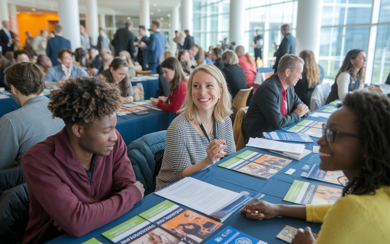 A pre-residency orientation event at the University of Illinois at Chicago with diverse IMGs interacting in a friendly environment. Event tables are set up with informational brochures about residency support systems, and attendees appear engaged and enthusiastic. The bright atmosphere showcases community and preparation for upcoming challenges.