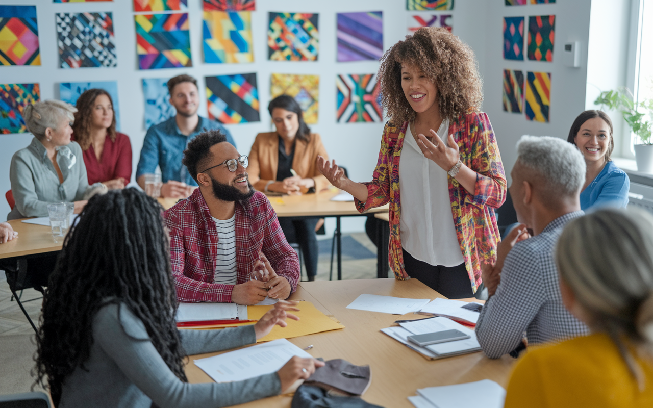 A vibrant classroom environment where a cultural sensitivity training session for IMGs is taking place. IMGs are participating actively, sharing experiences, and learning essential communication skills. The room is decorated with culturally diverse imagery, and the instructor is enthusiastically engaging with the attendees, fostering unity and understanding.