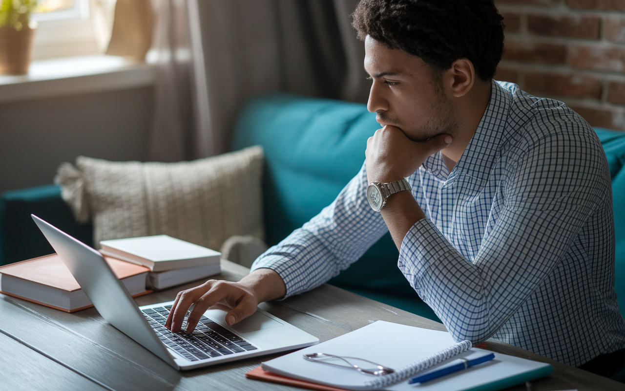 A focused IMG reviewing residency options on a laptop in a cozy studying space with medical textbooks and research materials around. The ambiance is warm and reassuring, with soft lighting, as they contemplate their future in healthcare, embodying hope and determination.