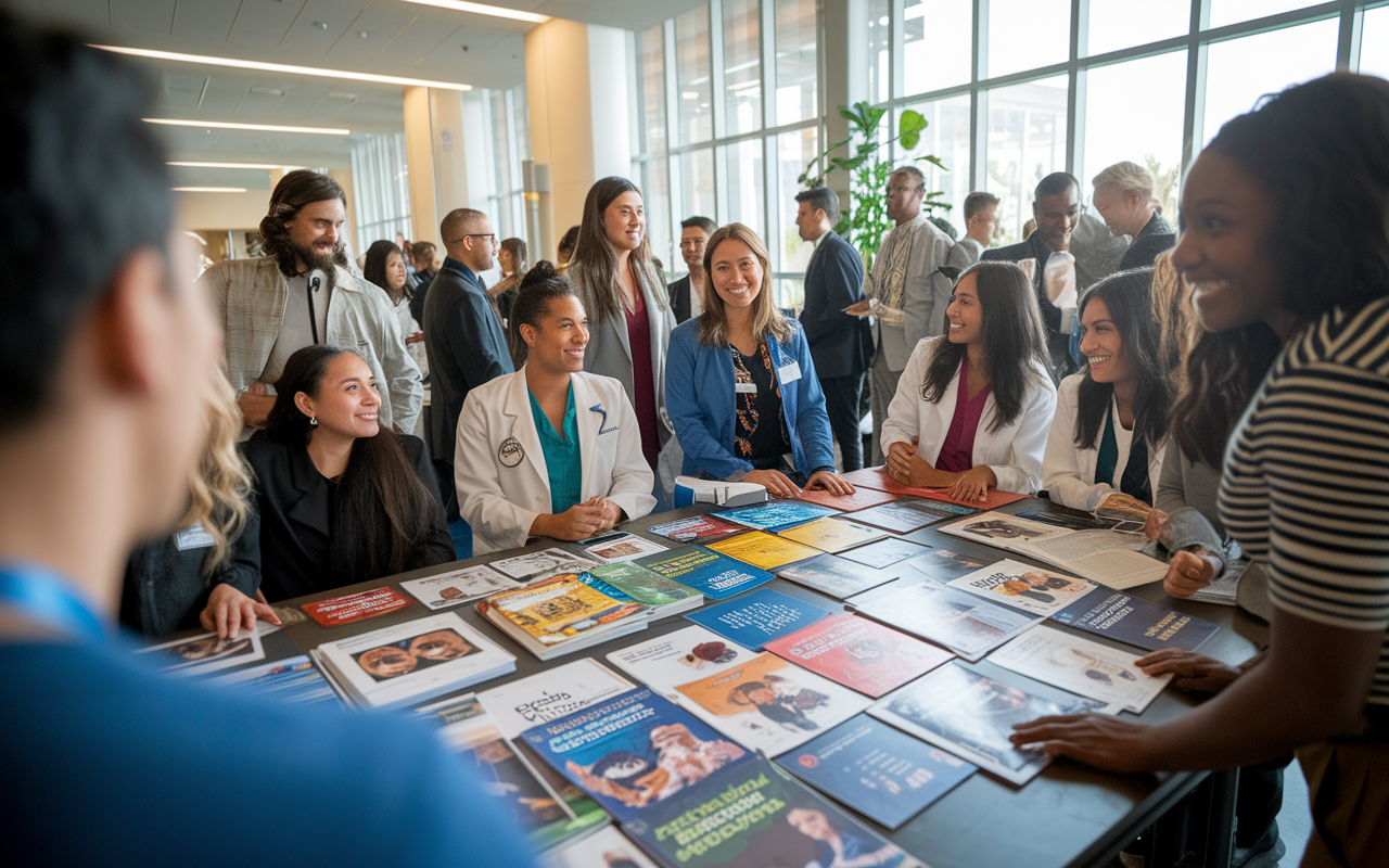 A welcoming orientation scene at USC's Keck School of Medicine, bustling with new international medical graduates. They gather around a large table filled with informational brochures and cultural visuals about Los Angeles. Attendees smile and engage in discussions, creating a vibrant atmosphere of acceptance and community. Bright lighting highlights the enthusiasm in the room, fostering a sense of belonging.