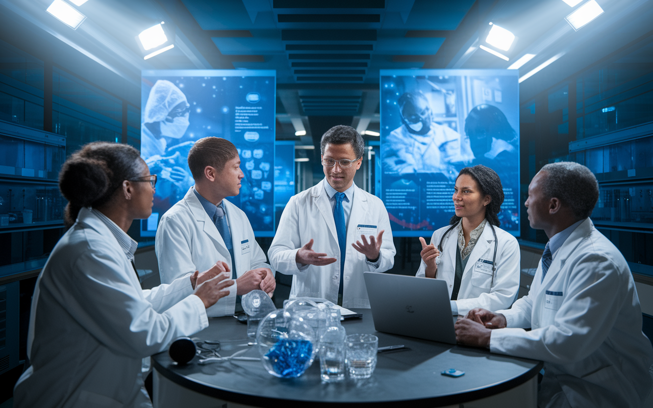 An inspiring research collaboration session at Harvard Medical School, featuring international medical graduates working alongside seasoned researchers. A diverse group is engaged in discussion, surrounded by cutting-edge lab equipment and visuals of ongoing projects. Bright spotlights enhance a dynamic atmosphere filled with innovation and possibility.