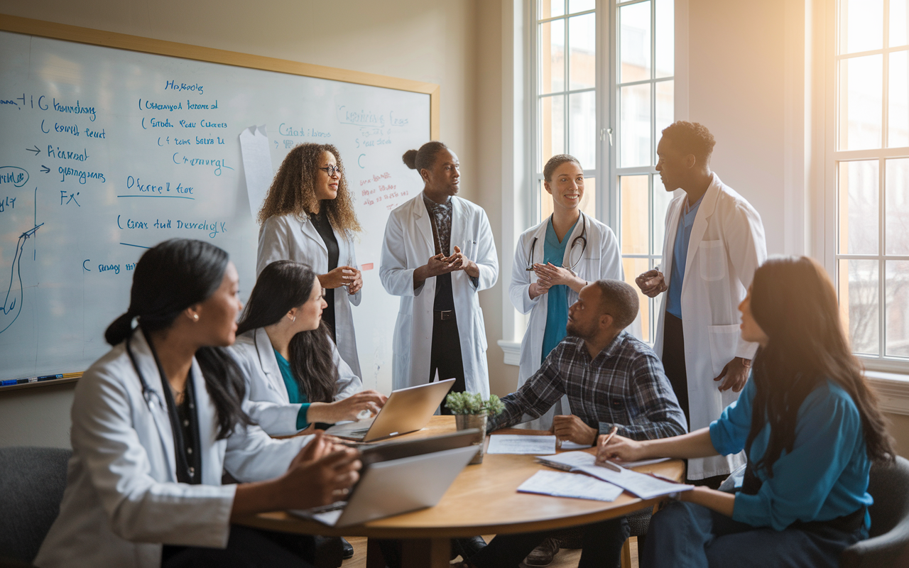 An engaging support group of international medical graduates at the University of Illinois at Chicago, gathered in a cozy meeting room. They actively discuss their journeys, a whiteboard filled with notes and ideas behind them, showcasing collaboration and solidarity. Soft, warm light filters through the windows, creating a motivating and open atmosphere.