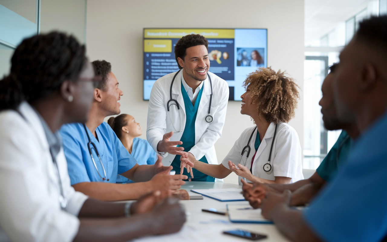 A dynamic training session at Michigan State University, focusing on cultural competency for international medical graduates. A passionate instructor engages a group of diverse residents in discussion, with interactive materials displayed on a screen. The room is bright and inviting, fostering an environment of learning and understanding.