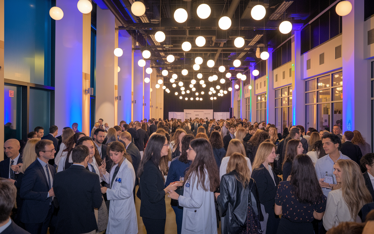 A vibrant networking event at NYU's Long Island School of Medicine, filled with international medical graduates and local physicians engaging in lively conversations. The decorated venue showcases a blend of professional surroundings with a casual feel, under warm ambient lighting, making it a perfect space for connections and idea-sharing.