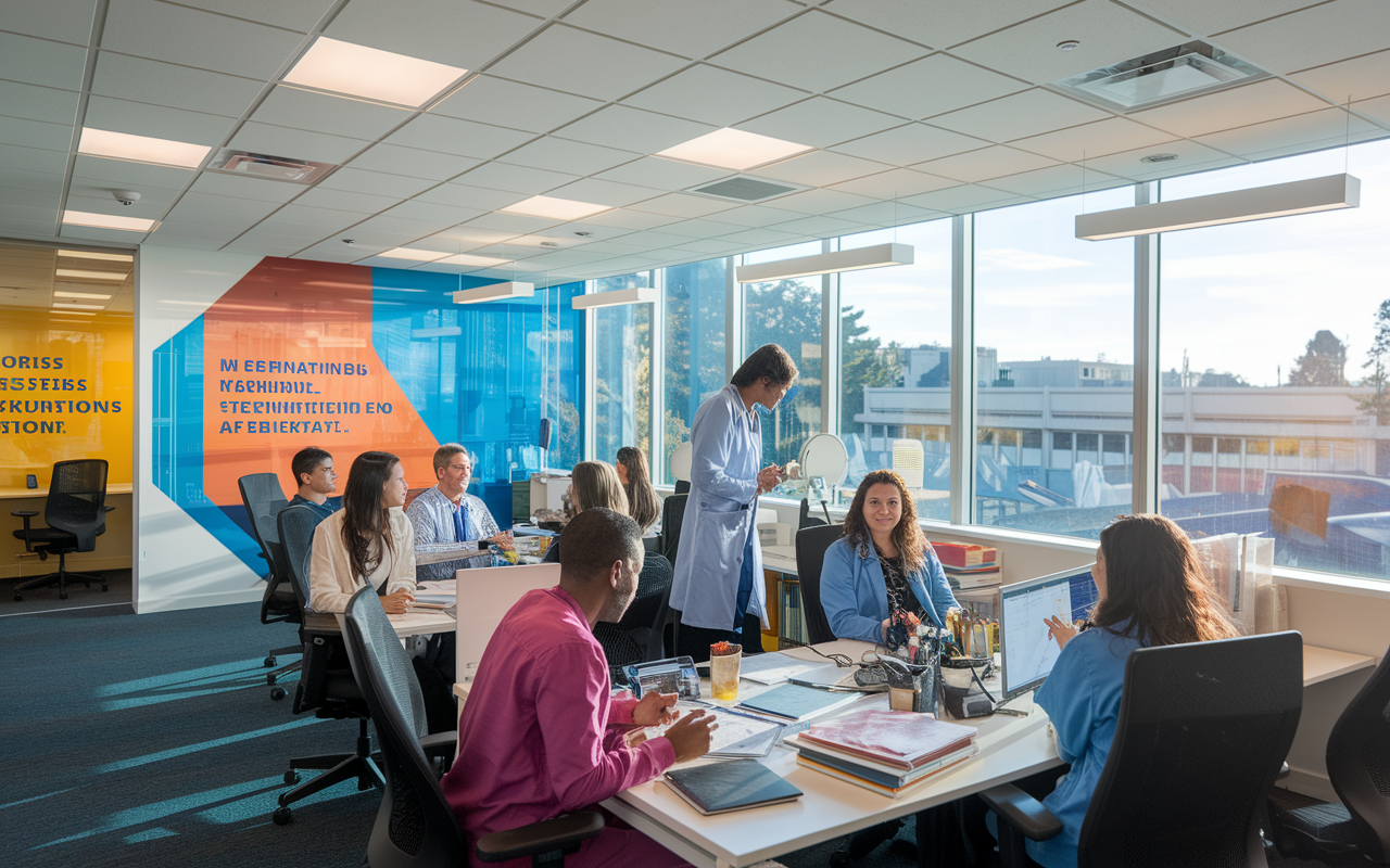 A bustling office environment at UCSF's Office of Diversity and Outreach, where diverse medical staff meet to discuss initiatives supporting international medical graduates. The office is adorned with motivational visuals promoting inclusion and diversity. Natural light floods in through large windows, creating an inspiring and energetic atmosphere.