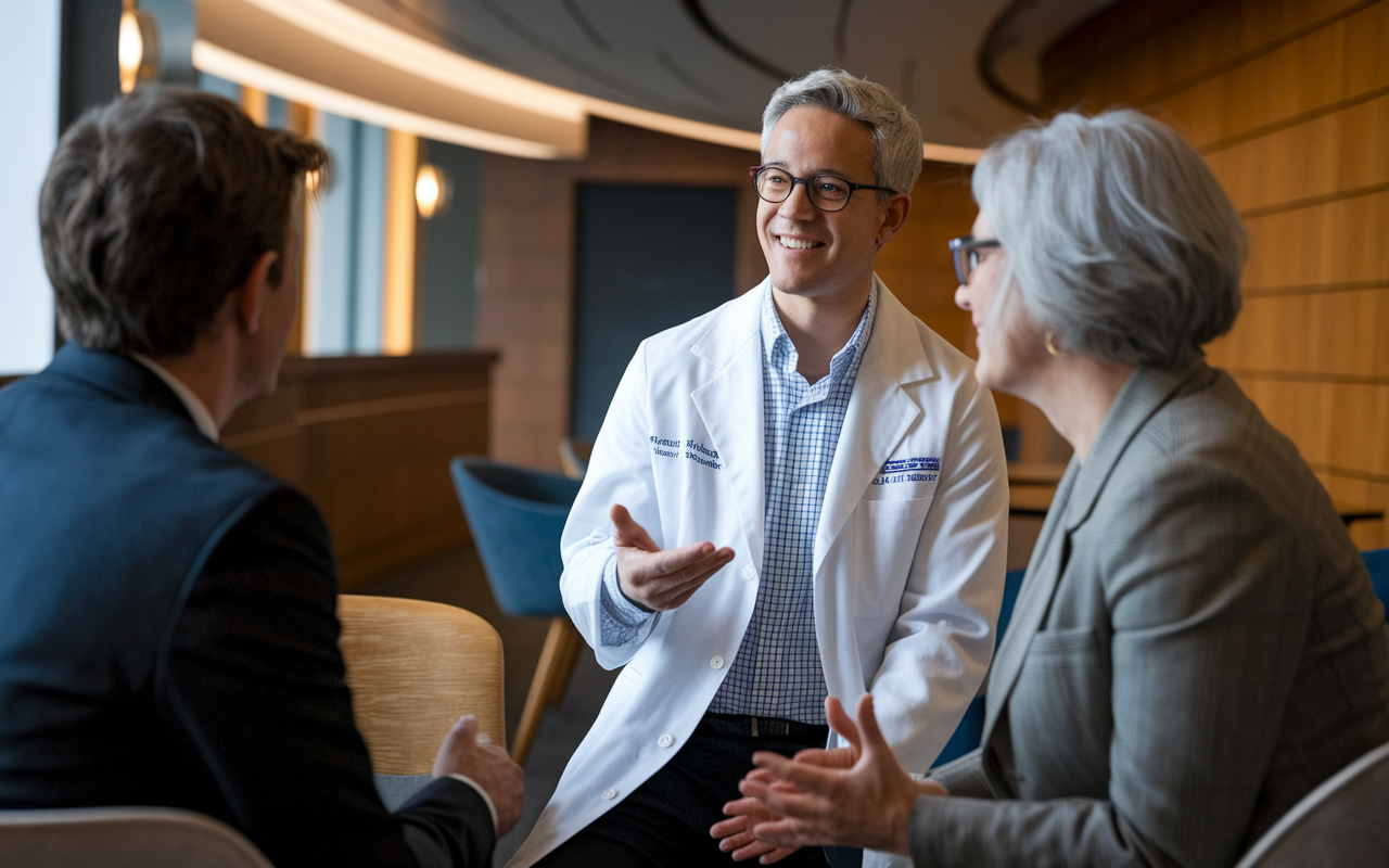 A dedicated feedback session at the University of Chicago’s Pritzker School of Medicine, where an IMG receives constructive advice from a senior faculty mentor. The interaction is filled with encouragement and camaraderie, fostered by a comfortable, professional setting with warm lighting.