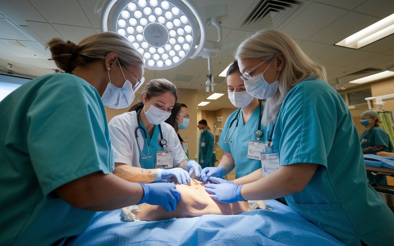 An interactive hands-on training session at Houston Methodist Hospital, where experienced residents are guiding IMGs in essential clinical skills. The clinical environment is lively and engaging, illuminated by bright overhead lights, conveying a sense of teamwork and professional development.