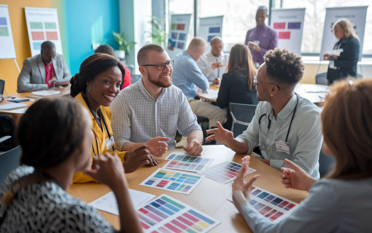 A lively cultural awareness workshop at Case Western Reserve University, where IMGs participate in discussions about diversity in healthcare. Diverse participants engage passionately, with printed visuals around the room to support learning. Bright colors and warm lighting set a welcoming and educational tone.