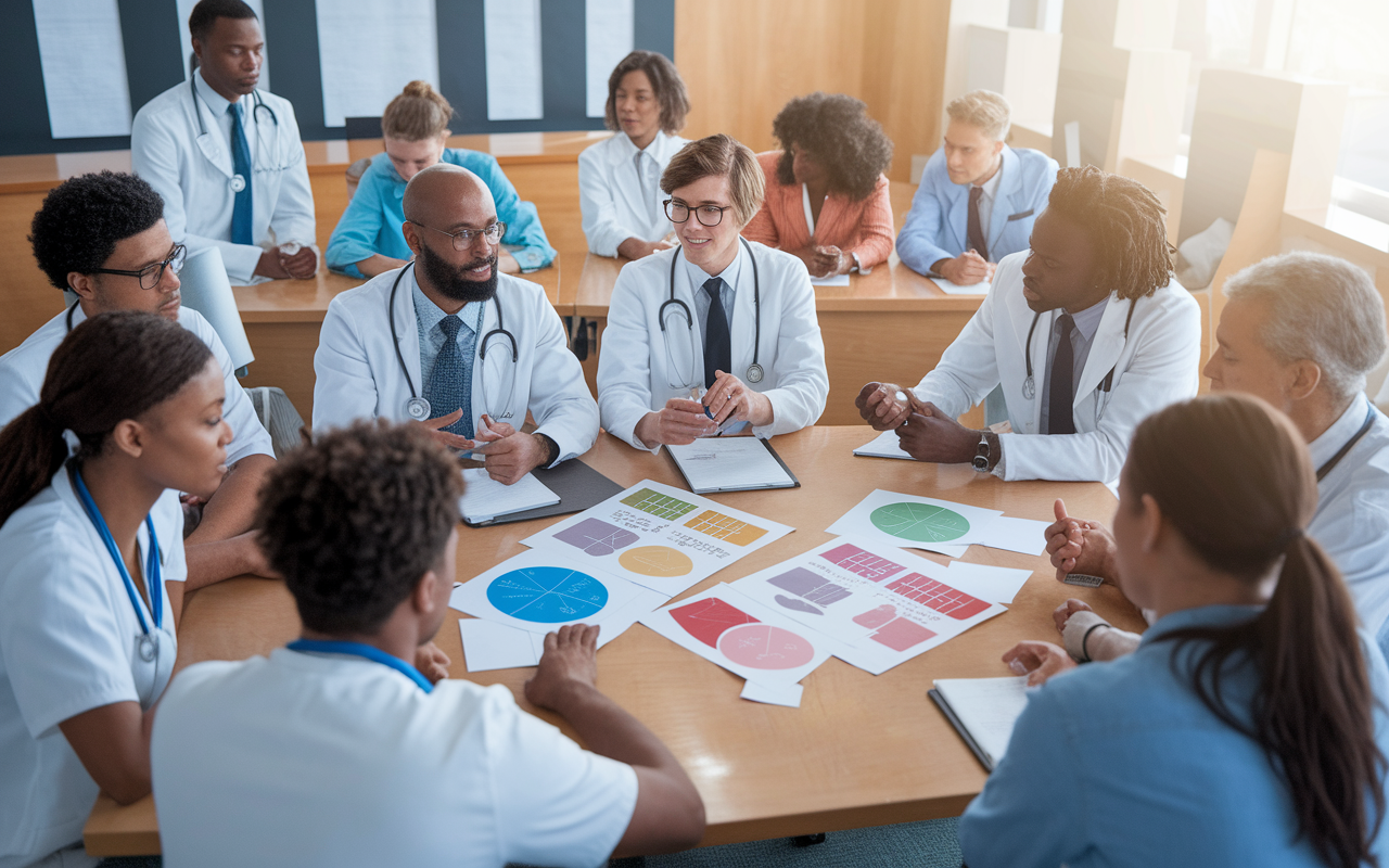 A diverse group of medical faculty actively engaging in a cultural competency training session within a well-lit seminar room. Instructors of different ethnic backgrounds are passionately discussing with students from various origins. Charts and visuals portraying cultural awareness strategies are on display. The room is filled with an air of inclusivity and learning, accented by warm lighting and thoughtful expressions of all participants.