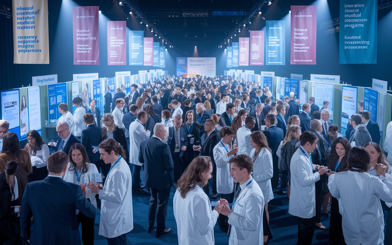 A vibrant scene at a medical conference featuring international medical graduates (IMGs) networking and engaging with faculty and program directors. The large hall is adorned with banners showcasing various residency programs, and attendees are eagerly exchanging ideas and business cards. The atmosphere is dynamic and filled with excitement and inspiration. Soft spotlights illuminate small groups deep in conversation against a backdrop of medical posters and presentations.