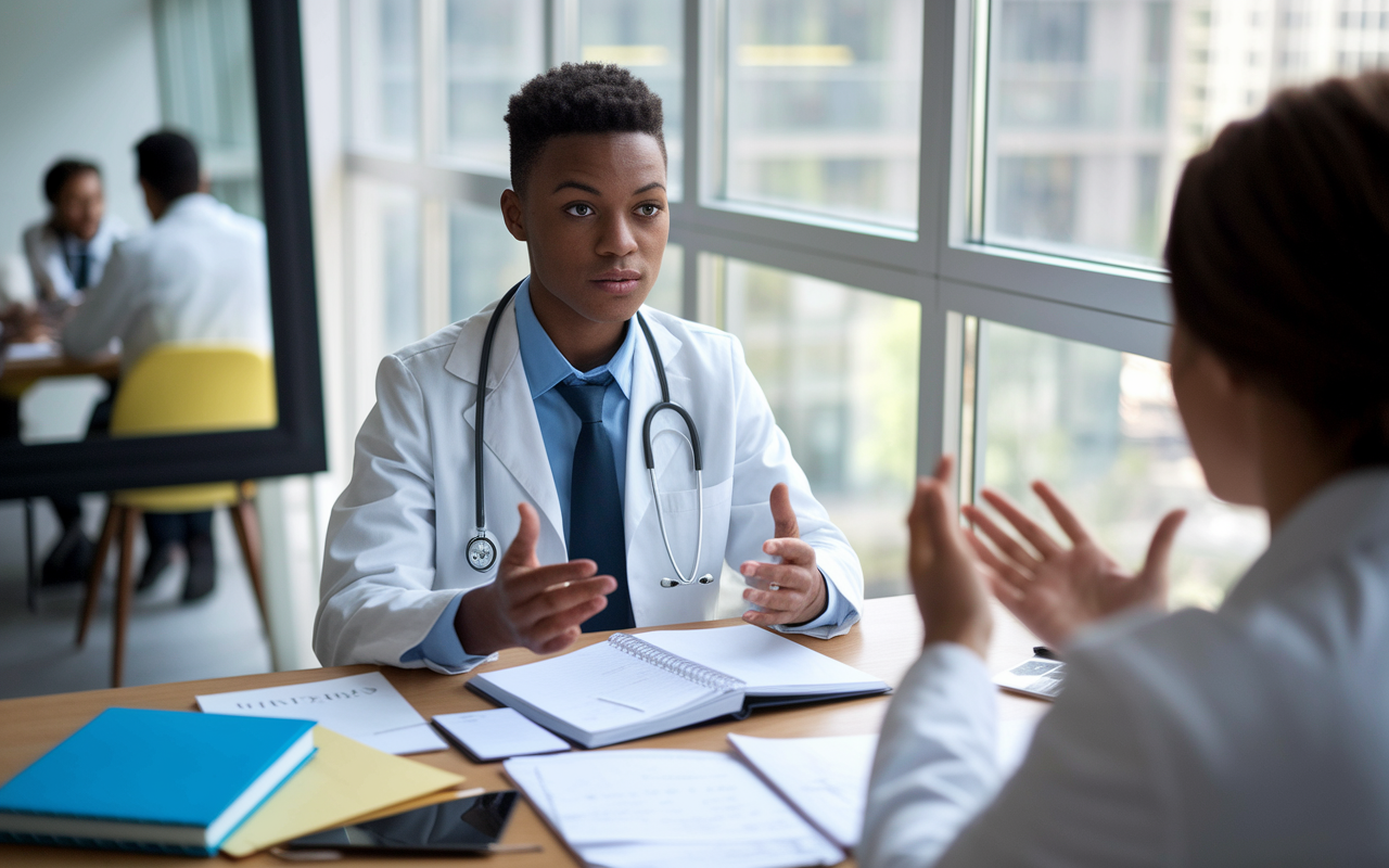 A determined international medical graduate practicing interview skills in a bright and modern study space. They are seated at a desk filled with organized notes, a laptop, and medical textbooks. The graduate appears focused, viewing themselves in a mirror while a mentor offers feedback. Natural light streams through the window, creating an inspiring and productive environment.