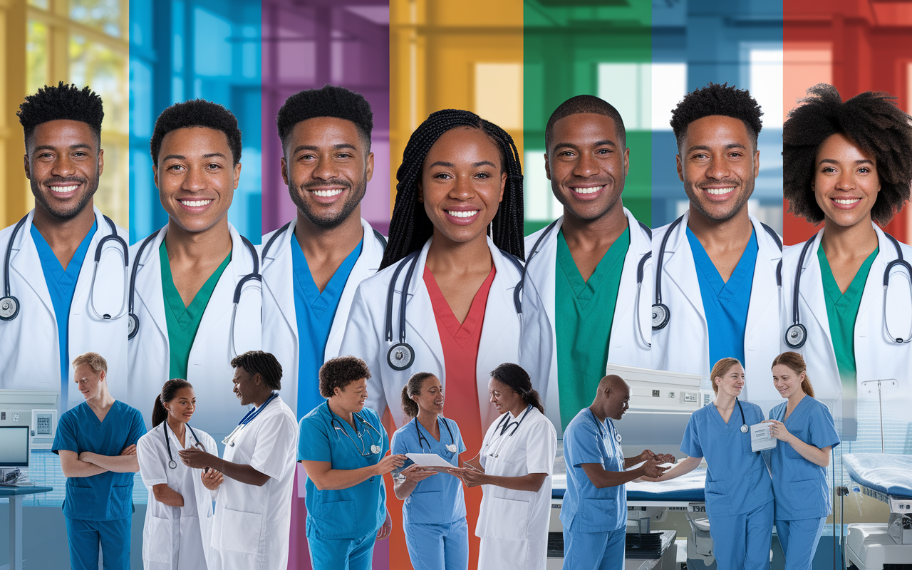 A vibrant collage showcasing the diverse backgrounds of international medical graduates (IMGs) who have successfully integrated into U.S. healthcare. The image features individual portraits of smiling IMGs in their white coats, representing various cultures and ethnicities, set against a backdrop of a bustling hospital setting. Medical professionals in scrubs are seen working together to symbolize collaboration, with medical equipment and charts in the background. Bright, natural lighting creates a hopeful and dynamic atmosphere.