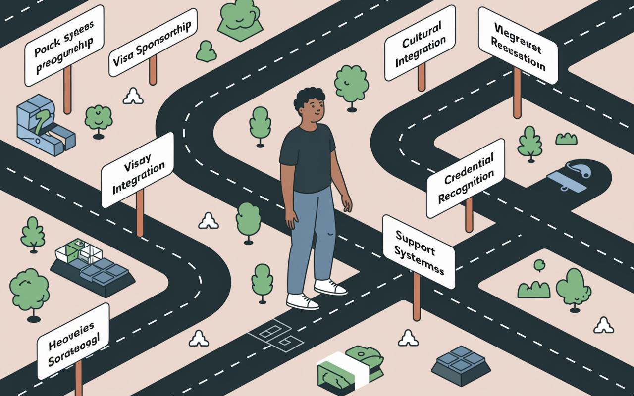 An engaging illustration showing an IMG navigating through a maze of residency challenges, including policy obstacles like visa sponsorship, cultural integration, and credential recognition. Visual metaphors like road signs directing toward opportunities and support systems highlight the journey and solutions available. Soft colors convey a sense of hope amidst the difficulties, symbolizing guidance and support for IMGs.