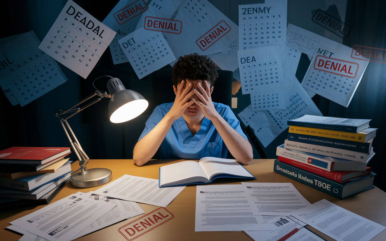 An overwhelmed IMG sits at a desk cluttered with medical textbooks and application forms, surrounded by a chaotic environment reflecting challenges like visa issues, cultural adjustment, and credential recognition. The desk is illuminated by a desk lamp, casting a warm glow, while documents with red 'Denial' stamps symbolize the daunting obstacles faced in residency application. A calendar with deadlines in the background adds urgency, highlighting the struggle yet determination of the IMG.