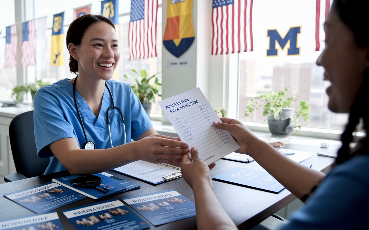 A healthcare professional from the University of Michigan cheerfully hands over a J-1 visa application to an IMG in blue scrubs at a bright, welcoming office filled with U.S. flags and international memorabilia. The scene emphasizes a supportive atmosphere with various informational pamphlets about residency programs scattered on the desk. Natural light streams through the windows, evoking a sense of hope and opportunity.