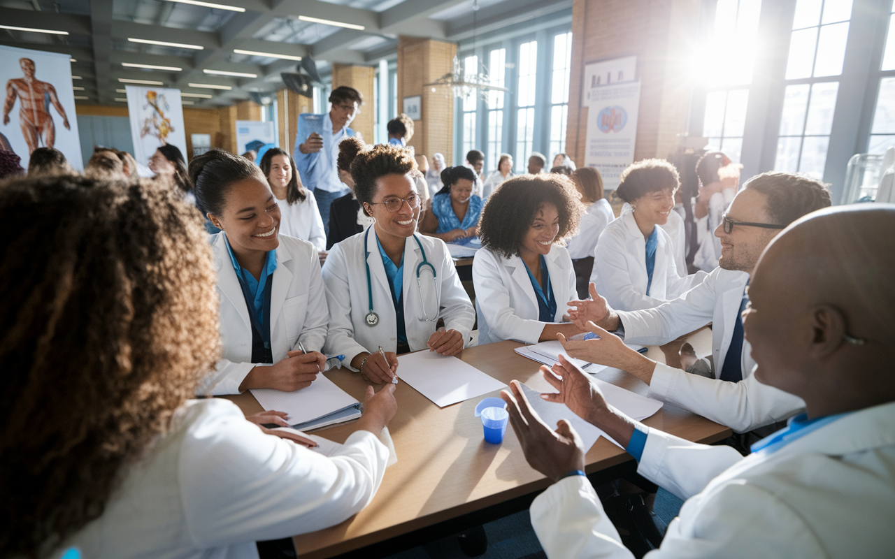 A group of enthusiastic IMGs participate in a mentorship workshop at Yale University, engaging with seasoned medical professionals who are providing guidance. The room is spacious, decorated with inspiring medical posters, and the sunlight filters through large windows. The mentors are seen animatedly sharing experiences, and IMGs are taking notes, fostering a sense of collaboration and cultural integration.