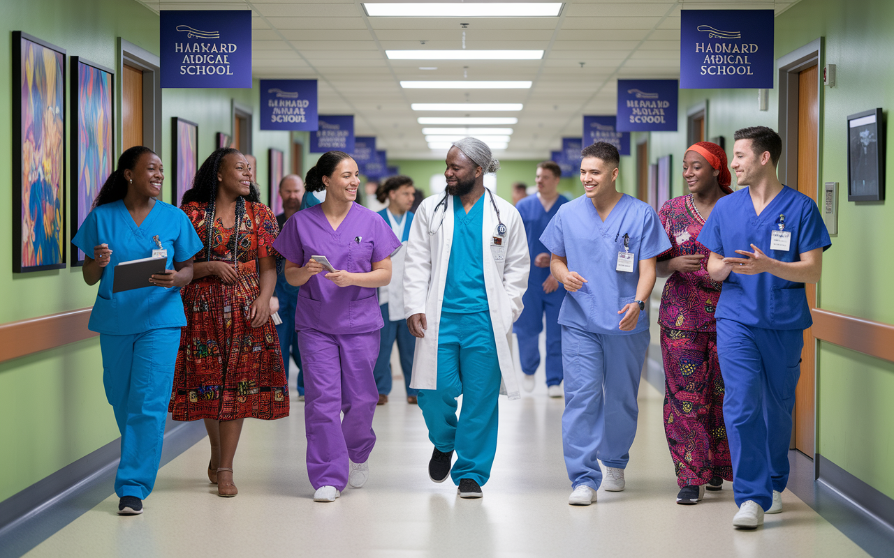 A vibrant scene showcasing a diverse group of residents chatting and collaborating in a hospital corridor at Harvard Medical School. Each resident comes from a different cultural background, depicted through traditional attire blending within modern medical scrubs, encouraging a sense of inclusivity. The corridor is bright and lively, with medical artworks and banners celebrating diversity, fostering a welcoming environment amidst serious work.