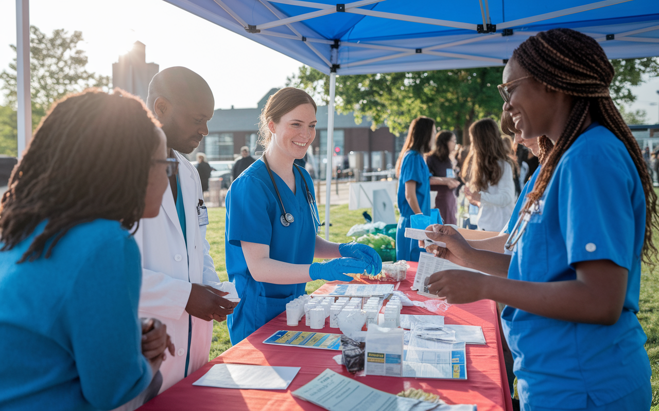 IMGs at the Cleveland Clinic engage in community health initiatives, actively participating in a health fair. The image shows residents interacting with community members, providing health checks and health education with enthusiasm and compassion. A colorful booth filled with health resources, lively conversations, and a backdrop of community interaction conveys a commitment to impactful engagement. The bright morning sun adds warmth to the scene.