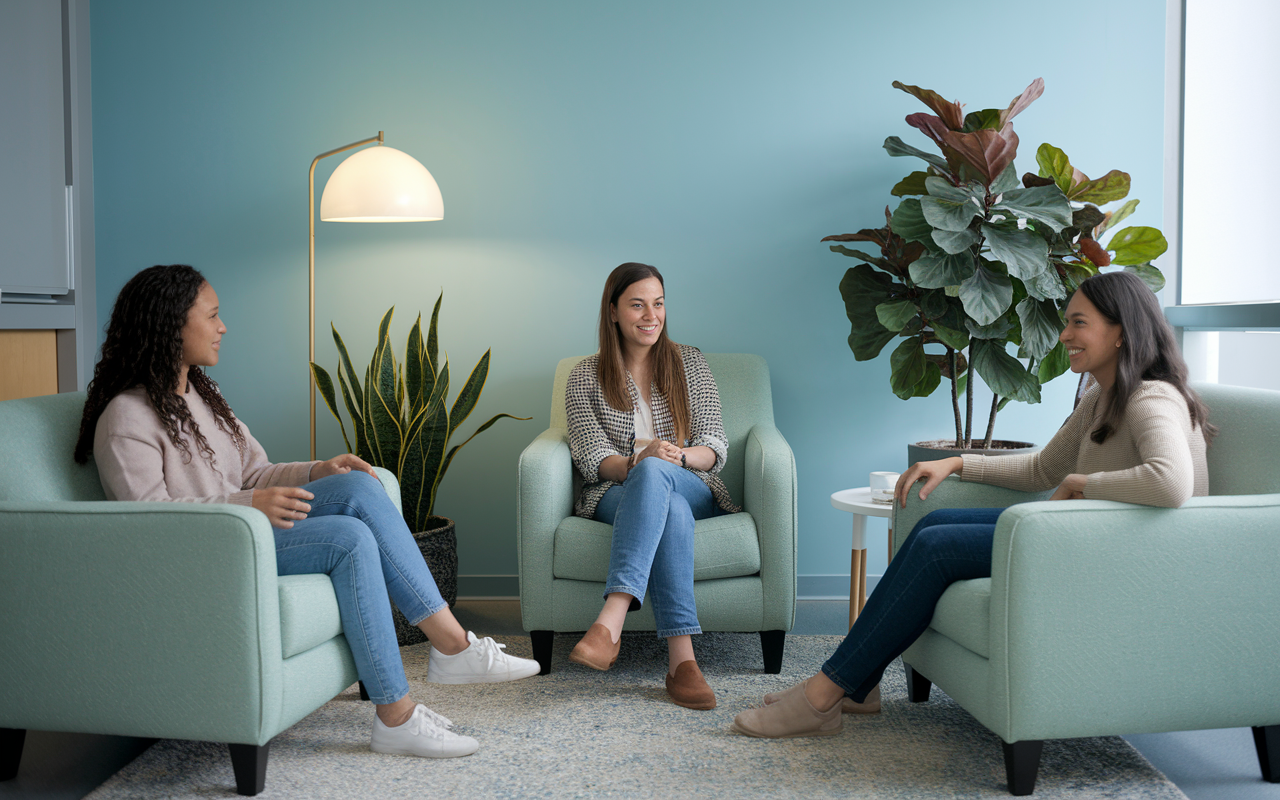 UCLA's wellness room is depicted with IMGs participating in a counseling session, creating a serene and supportive environment. Residents sit comfortably in soft armchairs, engaged in meaningful discussion with a counselor, surrounded by calming colors and plants, promoting mental wellness. Soft lighting creates a soothing atmosphere, emphasizing the importance of self-care as part of the residency experience.