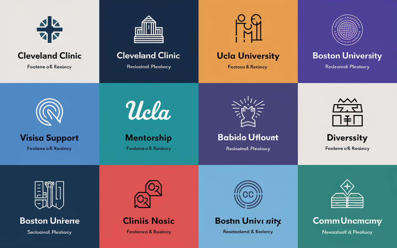 An infographic style image featuring the logos of top residency programs for IMGs, including Cleveland Clinic, UCLA, and Boston University, each highlighted with key features related to visa support, mentorship, diversity, and community engagement. A professional layout with engaging icons and vibrant colors effectively captures the essence of each program, showcasing their inviting and inclusive nature for international graduates.