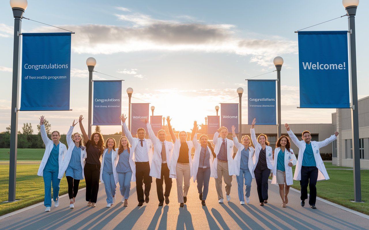 A hopeful visual representation at the end of a long path, showcasing a diverse group of IMGs celebrating in front of a residency program building, symbolizing their successful journey through challenges. Banners indicating 'Congratulations' and 'Welcome!' are seen, while the setting sun casts a golden light, signifying new beginnings and opportunities in their medical careers.