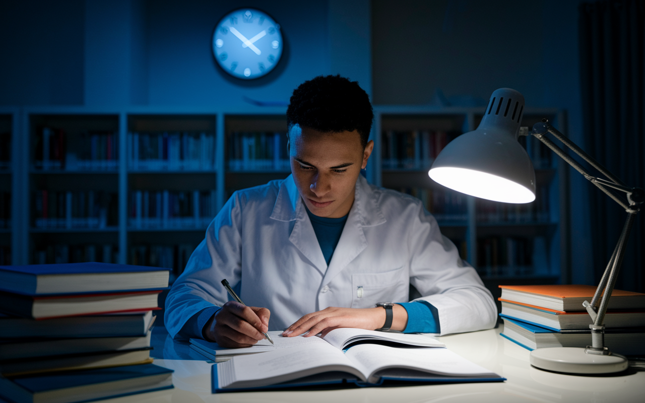 A determined international medical graduate (IMG) studying late at night in a dimly lit library, surrounded by books, medical journals, and a laptop. The room is softly illuminated by a desk lamp, casting a warm glow that highlights the IMG's focused expression as they take notes. A wall clock shows late hours, engraving the dedication and sacrifices of IMGs on their journey toward residency.