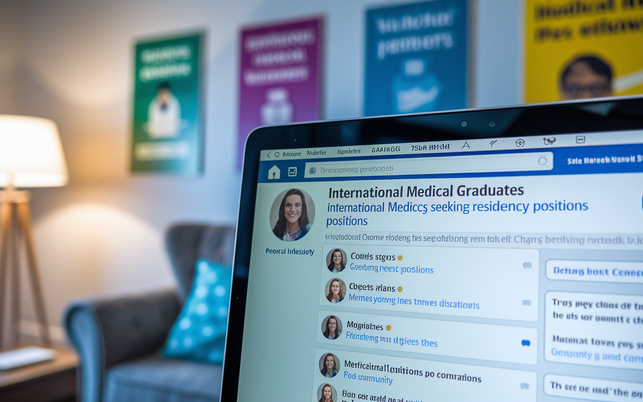 A close-up view of a laptop screen showing a vibrant Facebook group discussion for international medical graduates (IMGs) seeking residency positions. The screen displays active comments and supportive messages, creating a sense of community. The background shows a cozy room, with motivational posters on the wall related to medical aspirations.