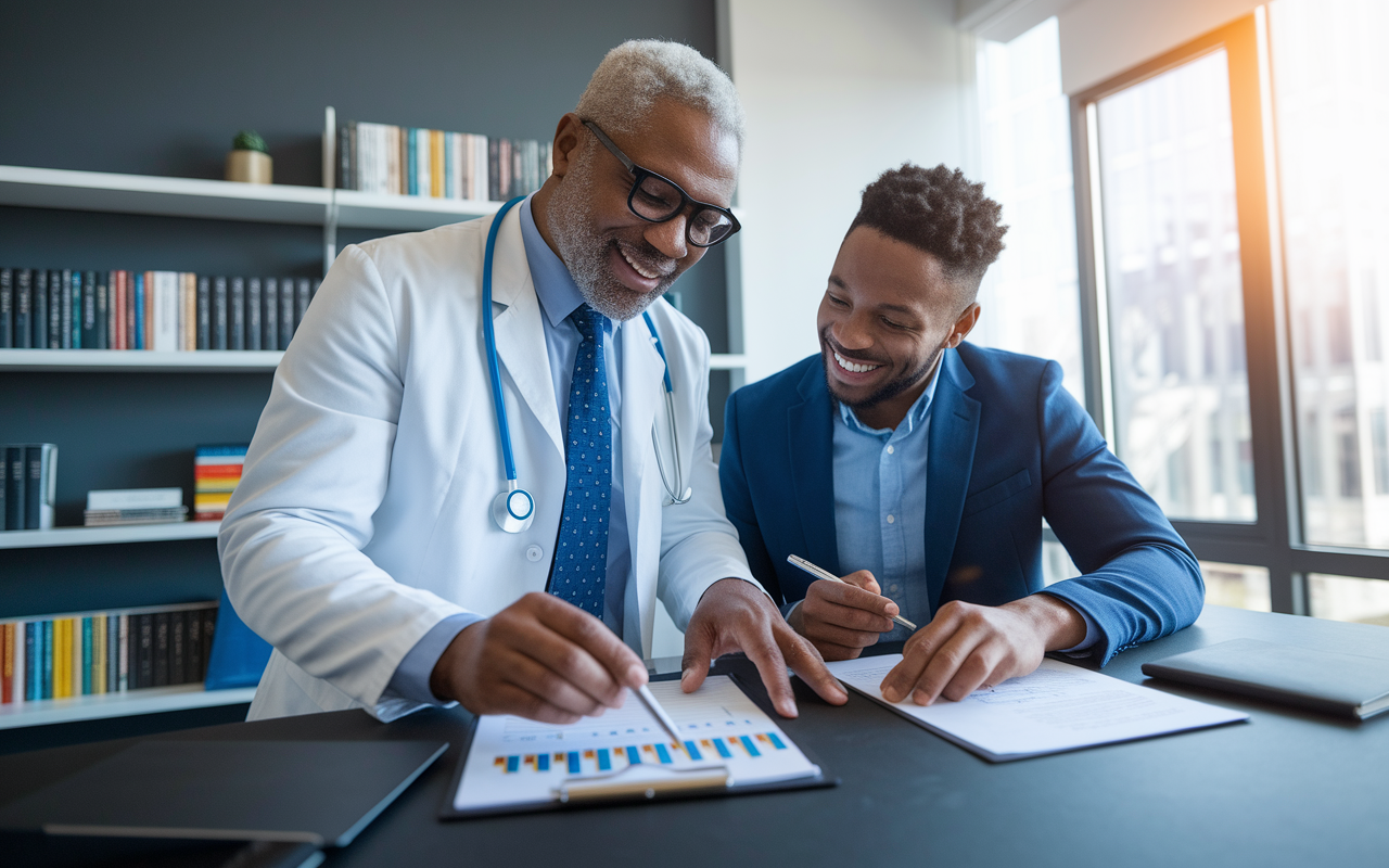 A mentor and an aspiring international medical graduate (IMG) engaged in a lively discussion in a modern office space. The mentor, an experienced physician, points to a chart while the IMG takes notes, showing eagerness. The room features medical books on shelves, a large window with natural light streaming in, symbolizing hope and guidance on the IMG's journey.