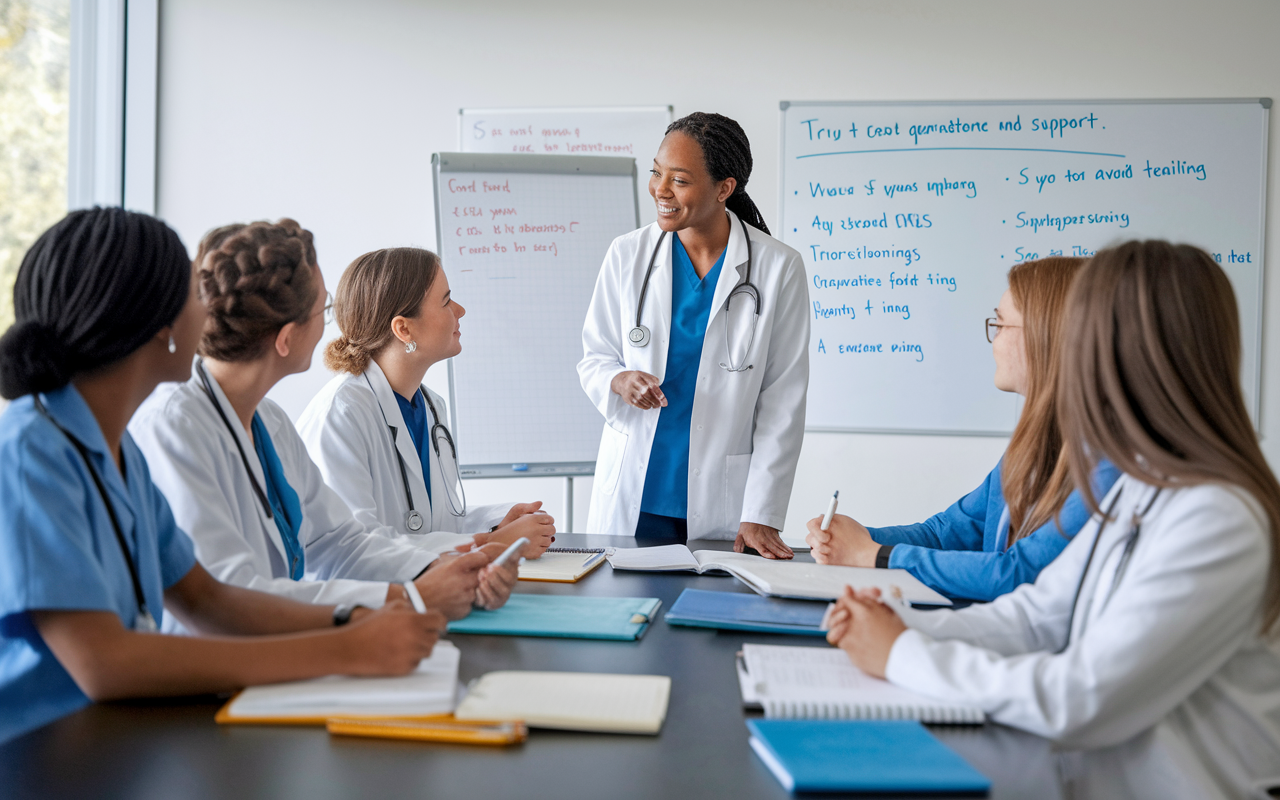 A friendly mentorship session happening in a bright conference room, showcasing a senior medical resident guiding a group of diverse IMGs. The room is filled with medical books, notes, and a whiteboard detailing transitioning strategies for IMGs, emphasizing a warm and welcoming atmosphere of collaboration and support.