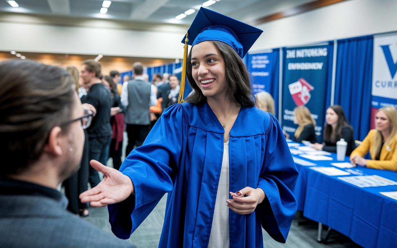 An enthusiastic IMG graduate reaching out to current residency program staff at a networking event. The scene shows a bustling environment with banners, networking tables, and interested attendees, emphasizing the importance of connections and discussions about residency experiences.