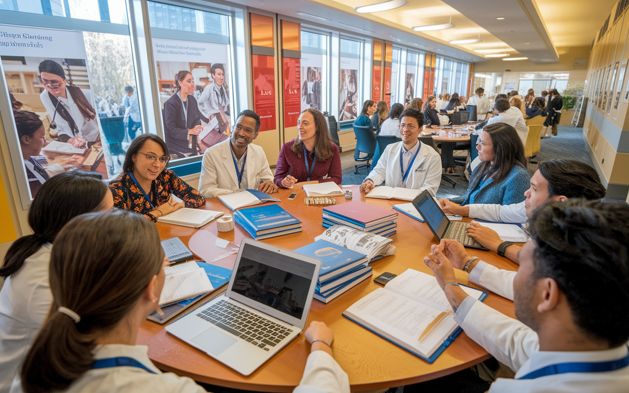 A vibrant scene inside the USC Keck School of Medicine, showcasing a mentoring workshop for International Medical Graduates (IMGs). Faculty and IMGs are engaged in lively discussions around a large round table, filled with medical textbooks and laptops. The room is bright, filled with posters of the school's achievements, and exudes a sense of collaboration and encouragement, with warm, inviting lighting reflecting the supportive atmosphere.