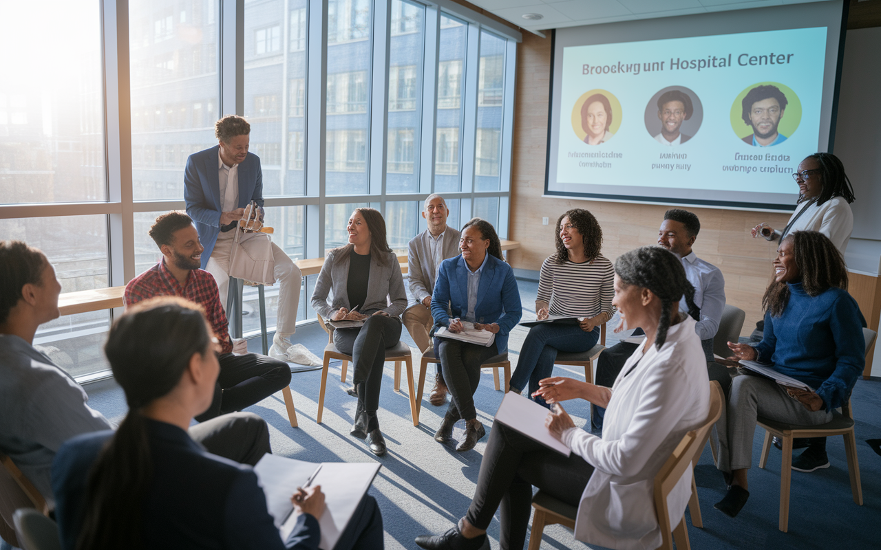 An inclusive cultural competency training session at Brooklyn Hospital Center, with IMGs from different backgrounds engaged in role-playing scenarios. The room is filled with smiles and animated discussions, and slides on multicultural understanding are projected on a screen. Large windows let in natural light, creating an open and diverse learning environment where acceptance and support are emphasized.