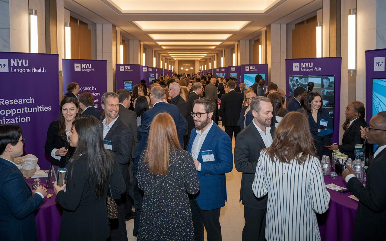 A bustling networking event at NYU Langone Health, featuring IMGs mingling with successful alumni. A diverse group engages in animated conversations around booths showcasing research opportunities and professional organizations. The setting is elegant, with NYU branding prominently displayed, and warm lights creating a welcoming atmosphere that encourages conversation and connection.