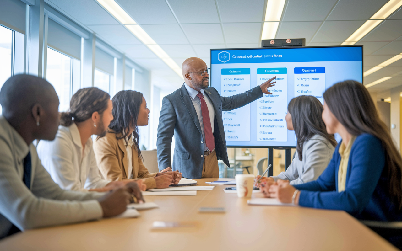 Inside a spacious office at Cleveland Clinic, IMGs are seen collaborating with mentors to devise personalized career development plans. One mentor gestures towards a large screen displaying career paths while residents take notes eagerly. This warm, collaborative environment highlights the supportive nature of the mentorship, with bright professional decor and an air of motivation and hope.