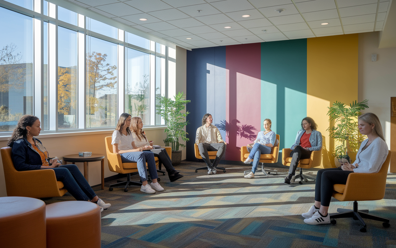 A serene wellness room at the University of Illinois College of Medicine, where IMGs gather in a comfortable setting. Residents are engaged in a mindfulness workshop, practicing relaxation techniques amid colorful decor emphasizing mental well-being. Natural light streams through large windows, enhancing the calm and supportive atmosphere, reflecting the school's commitment to mental health for its IMGs.