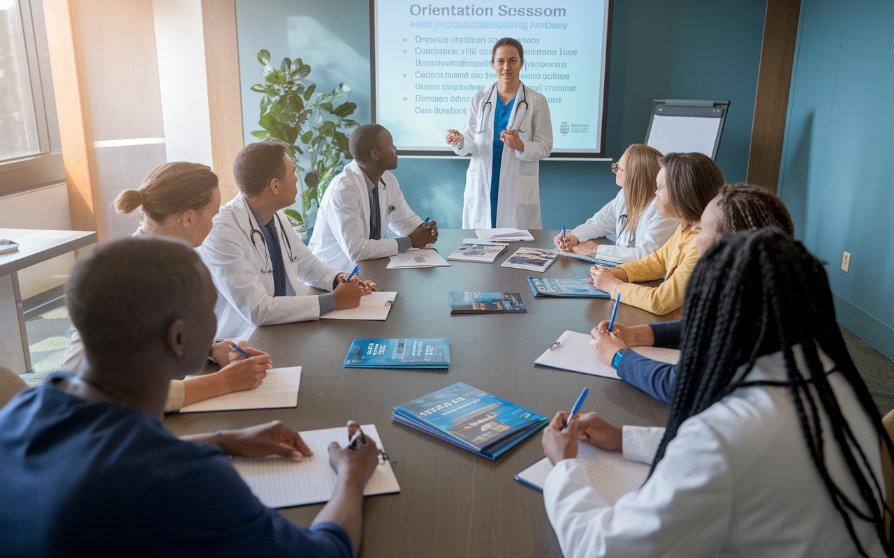 A group of international medical graduates in a supportive orientation session at a residency program. The setting is a modern conference room with an inviting atmosphere. A facilitator stands at the front, passionately discussing residency policies while IMGs take notes attentively. Various informational brochures and a projector displaying key points add to the educational environment. Natural light floods in, creating an inclusive and optimistic scene that highlights the program's commitment to support.