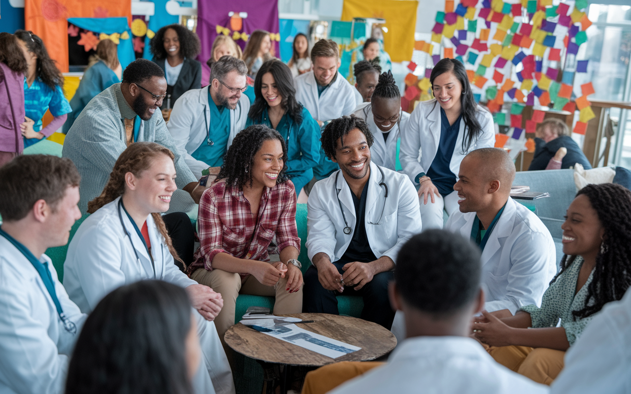 A diverse group of medical residents gathered in a common area, celebrating cultural differences. The scene showcases people from various ethnic backgrounds sharing their experiences in a casual, relaxed environment with colorful decorations reflecting different cultures. The atmosphere is lively, with laughter and conversations as they prepare for collaborative work, emphasizing the importance of inclusivity and teamwork in training.