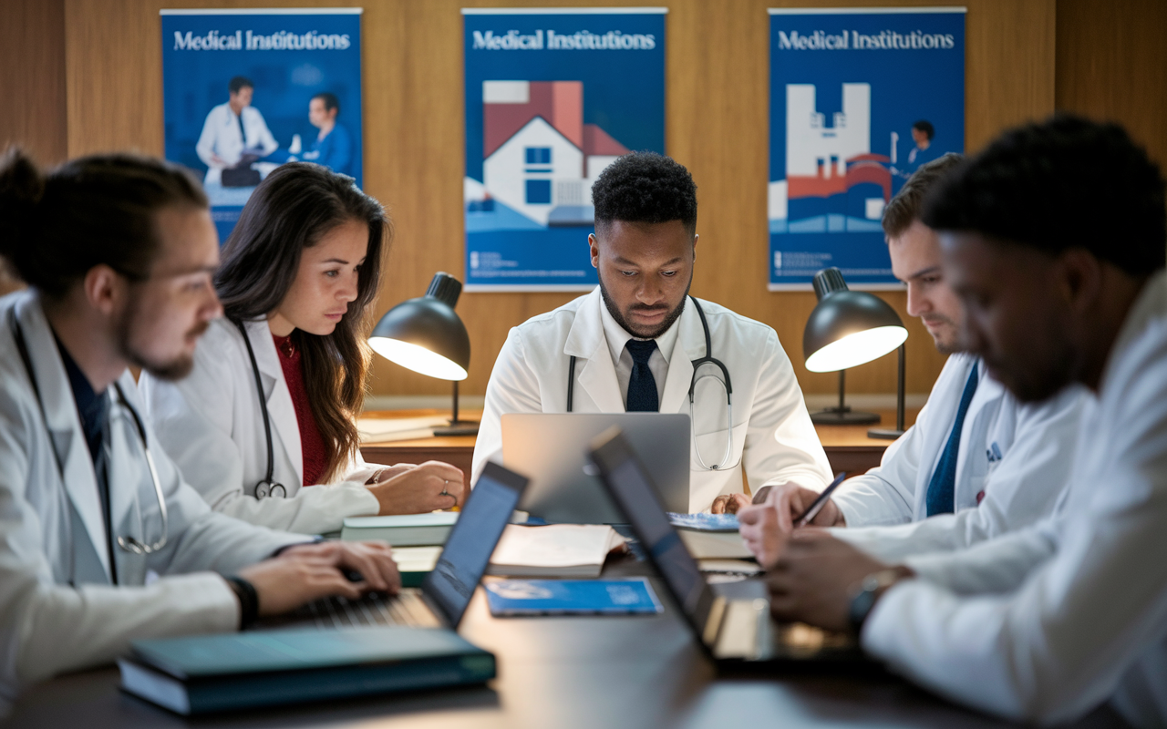 A focused group of international medical graduates sitting at a library table, surrounded by laptops and books while researching residency programs. Their expressions reflect determination and curiosity as they analyze information on acceptance rates and program demographics. The soft glow from desk lamps creates a cozy study atmosphere, with posters of medical institutions on the wall, symbolizing their dedication to finding the right residency fit.