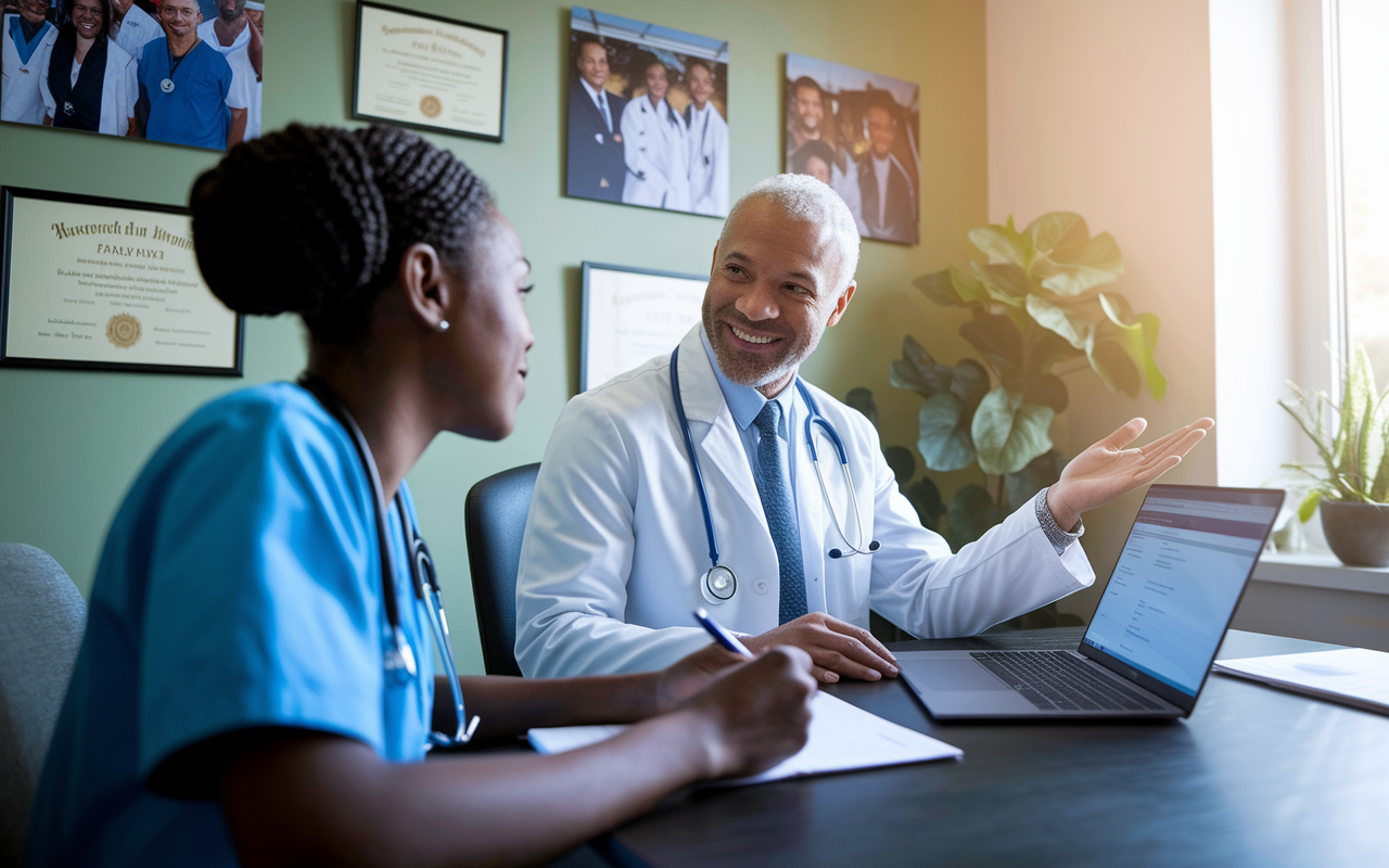 A warm mentoring scene in a cozy office where a mentor, a seasoned physician, is advising an international medical graduate. The walls are adorned with medical diplomas and images of diverse communities. The mentor gestures towards a laptop displaying a residency application portal, while the mentee takes notes, looking engaged and hopeful. Soft afternoon sunlight filters through a window, enhancing the supportive atmosphere.