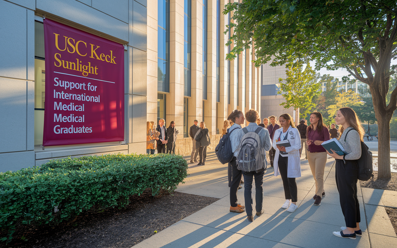 An exterior view of the USC Keck School of Medicine building, bathed in golden sunlight. A banner indicates support for international medical graduates. Several international medical students engage in conversation outside, showcasing a diverse group, with some carrying medical textbooks. The scene conveys a sense of belonging and opportunity, surrounded by lush green trees and a clear blue sky.